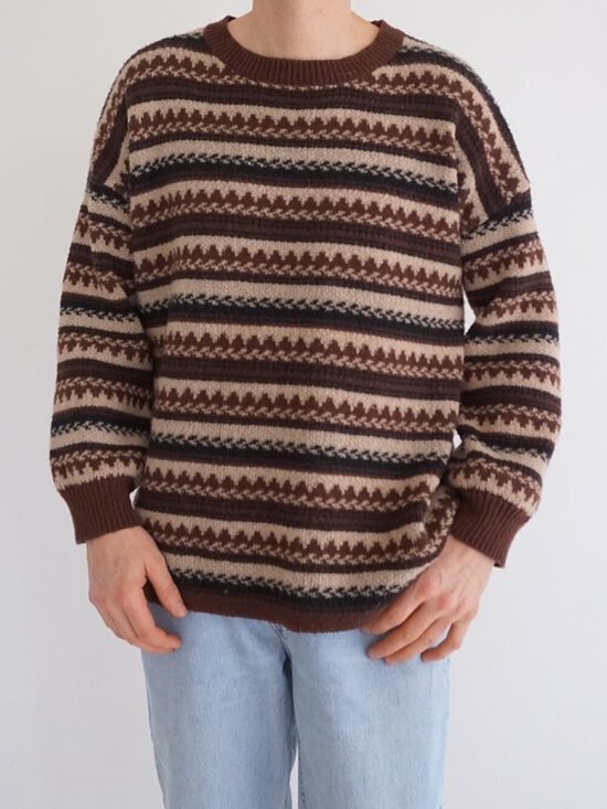 Other - Vintage Brown Cream Nordic Fair Isle Stripe Fisherman Cabin Knit Sweater L